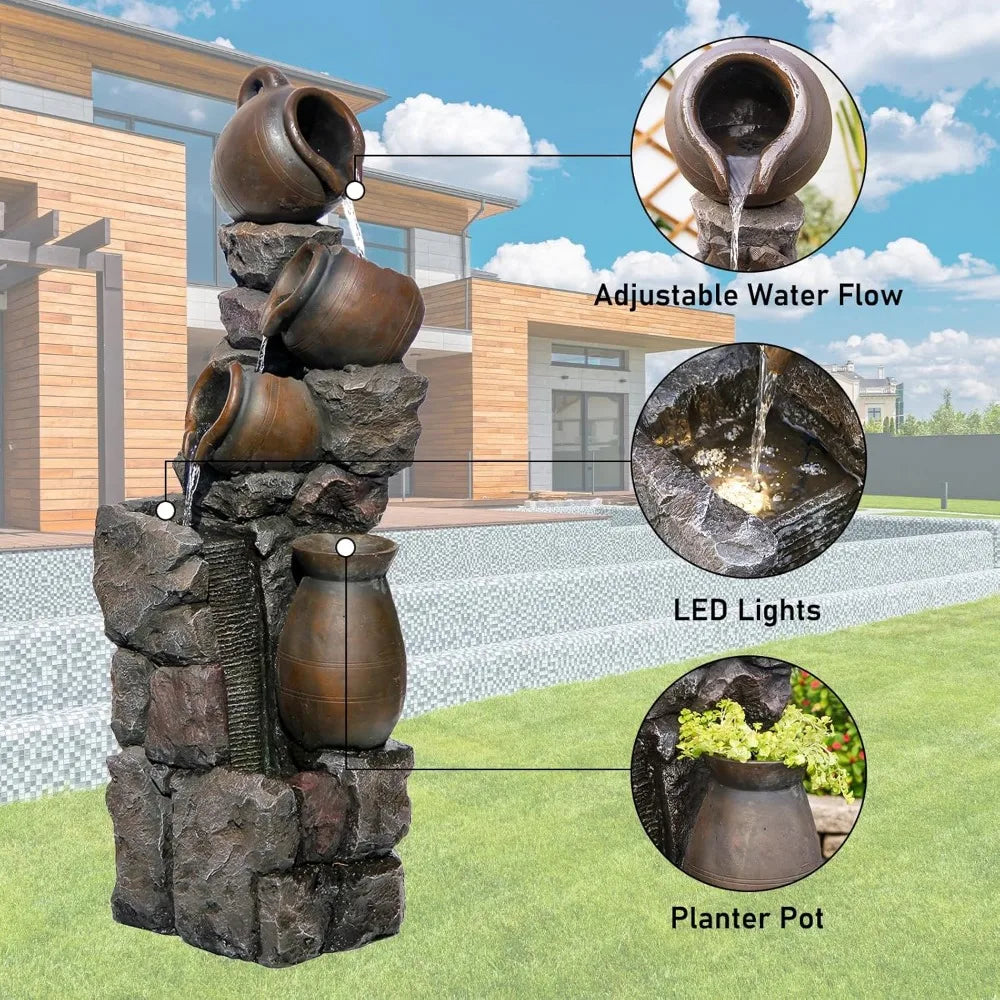45 Inch Outdoor Water Fountain with Planter Pot and LED Lights for Garden