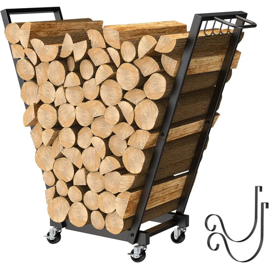 Mobile Firewood Rack with Wheels and Removable Kindling Shelf for Indoor Outdoor Use