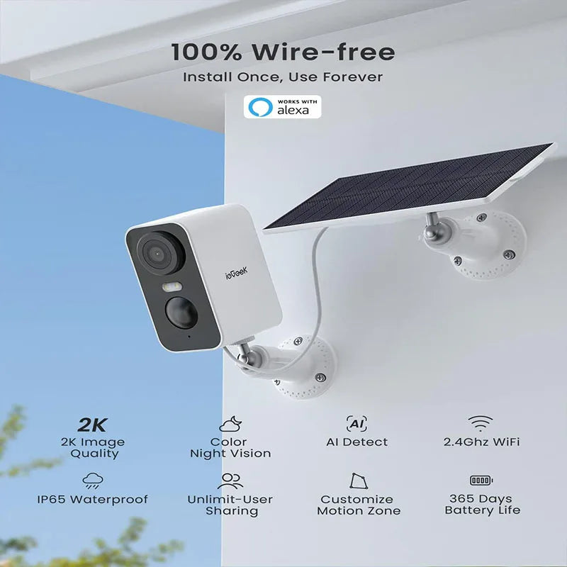 IeGeek 2K WiFi Security Camera with Solar Panel 1.5W Full HD Night Vision Color AI Motion Detection Bi-Directional Audio Waterproof IP65