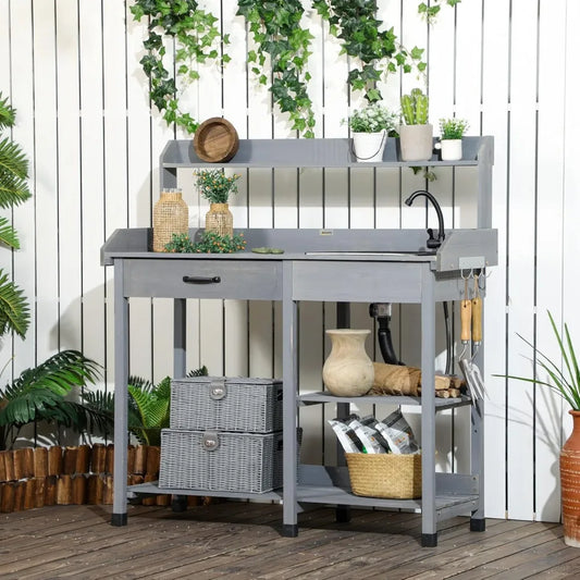 Outdoor Wooden Potting Bench Table with Removable Sink and Workstation Features