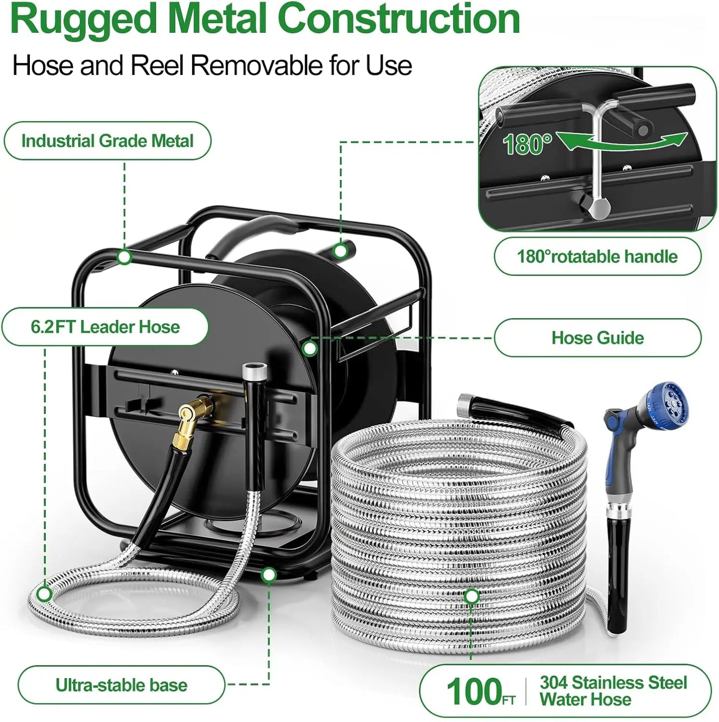 Heavy Duty Metal Garden Hose Reel With 100Ft Hose Black