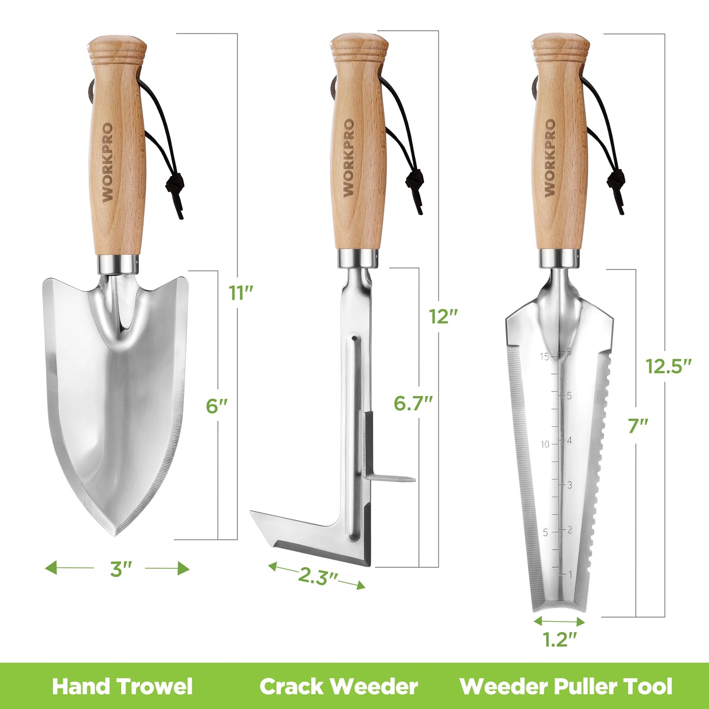 Garden Tool Set 3 Pcs Gardening Tools with Wood Handle, Weed Puller, Crack Weeder and Hand Trowel.