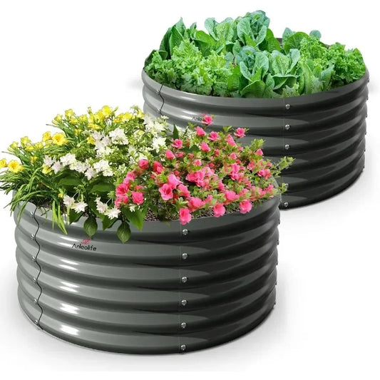 2-Pack 4ft Galvanized Round Metal Raised Garden Beds for Outdoor Planting