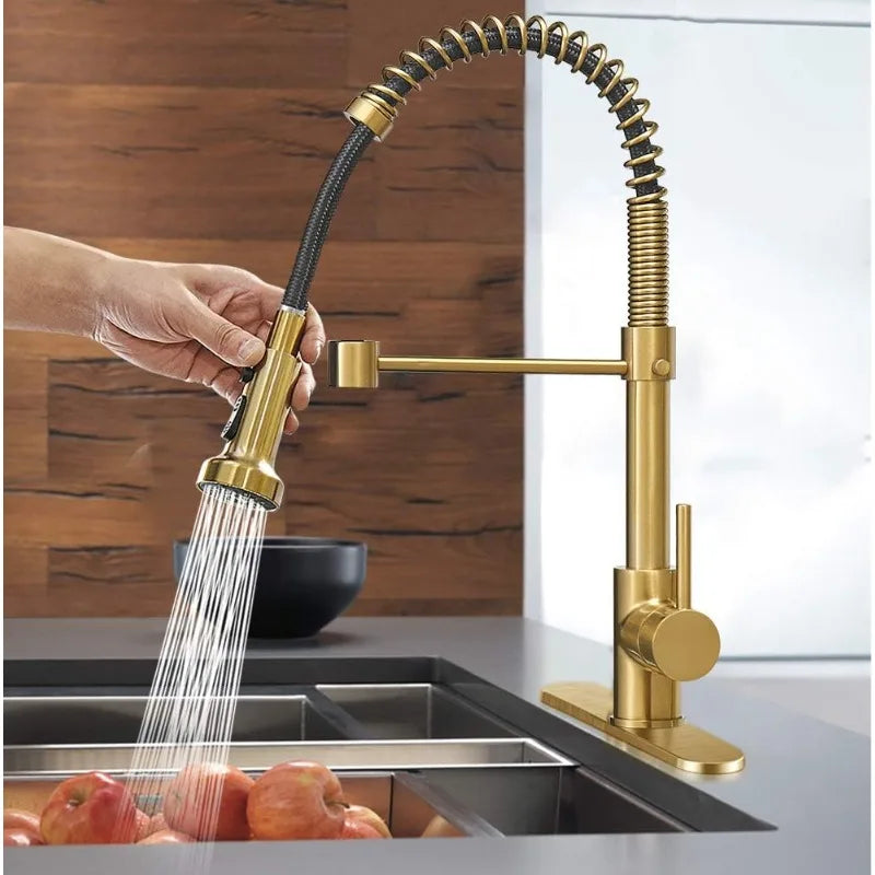 Brushed Gold High Arc Spring Kitchen Faucet with Pull Down Sprayer, Single Lever Kitchen. Handle