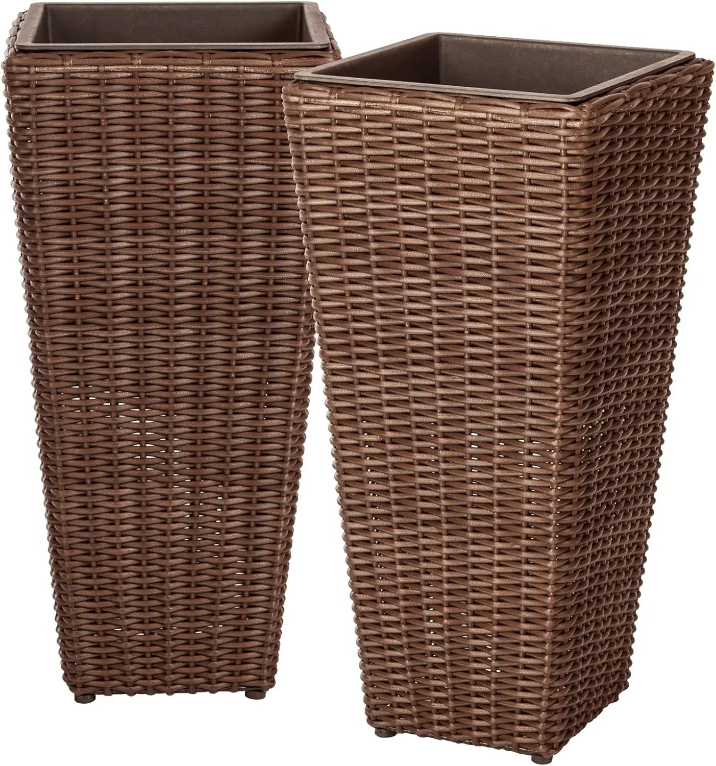 Wicker All Weather Planter Set with Liners for Outdoor Herb Garden Mocha Pack of 2