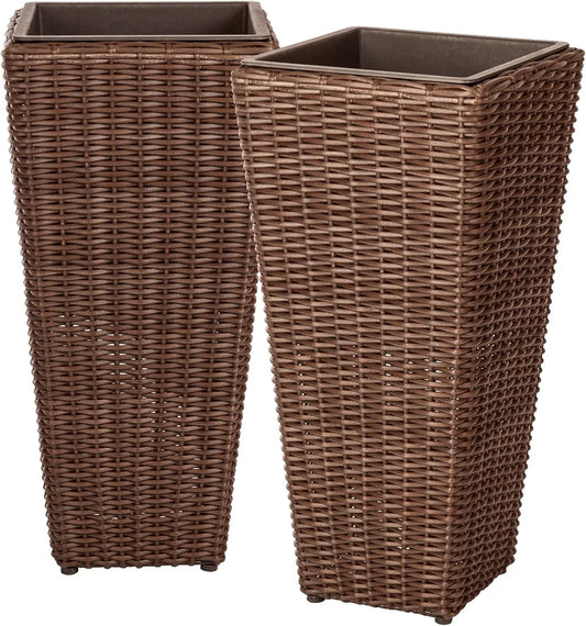 Wicker All Weather Planter Set with Liners for Outdoor Herb Garden Mocha Pack of 2