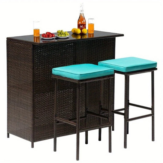 Three-Piece Outdoor Bar Set Wicker Counter High Table Set with Solid Frame