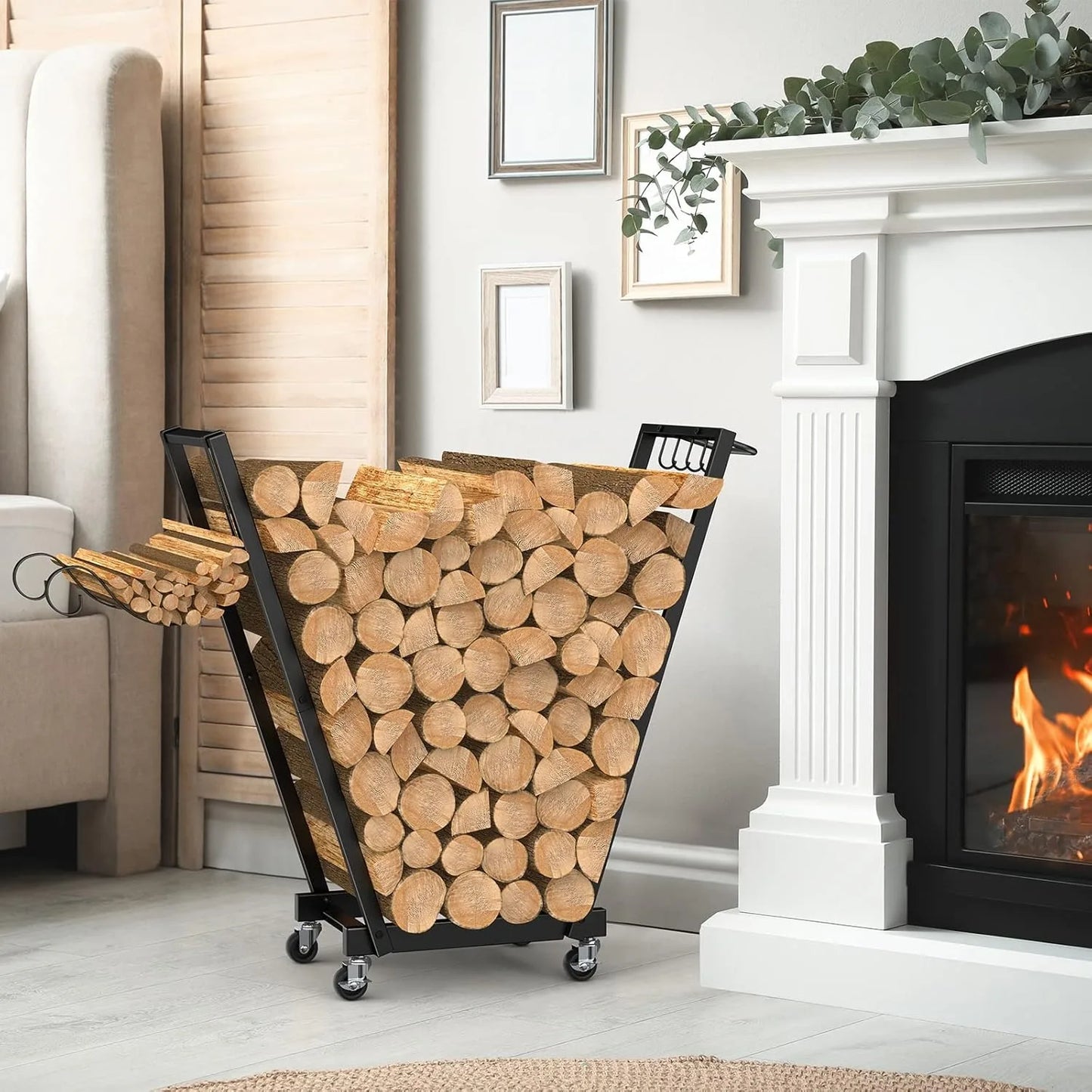 Mobile Firewood Rack with Wheels and Removable Kindling Shelf for Indoor Outdoor Use