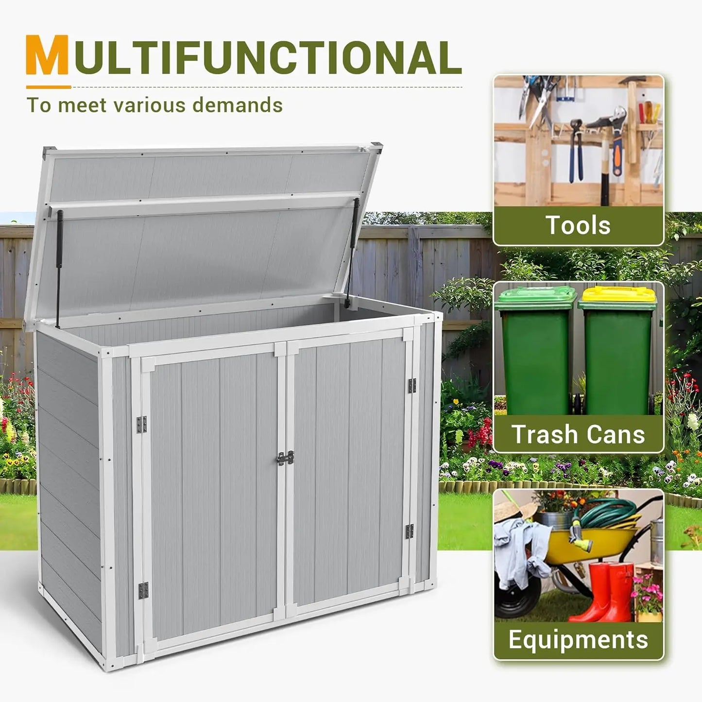 41 Cu. Ft Horizontal Storage Shed, Weatherproof Resin  Shed with Floor Thickened, Lockable Doors