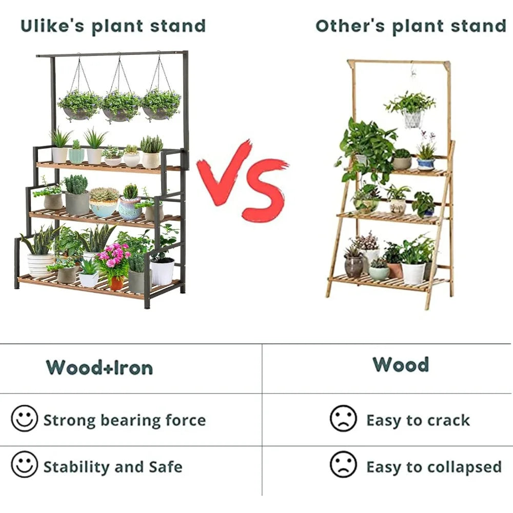 3 Tier Wood Plant Stand With Metal Frame Outdoor Indoor