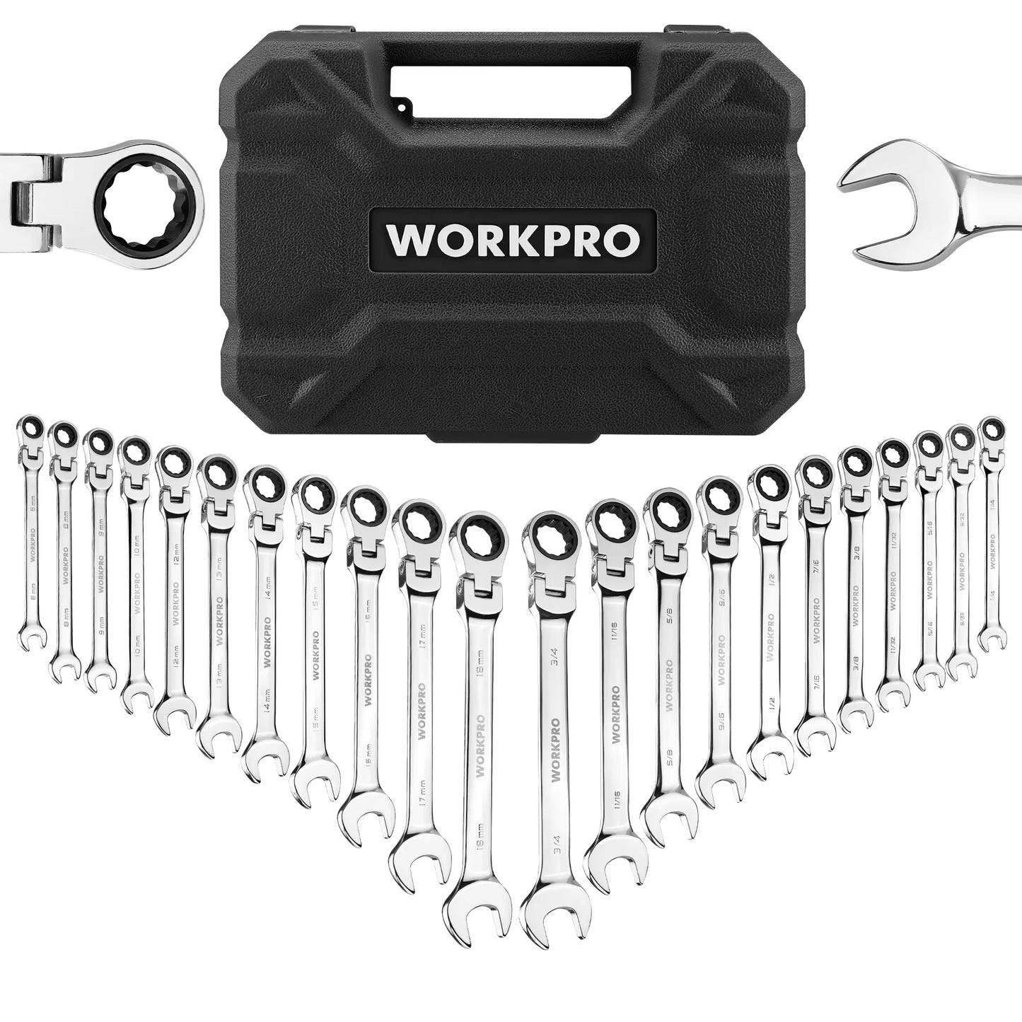 WORKPRO 22 Piece Ratcheting Wrench Set With Flex Head 72 Tooth Precision Gear For Automotive Repair Organizer Box