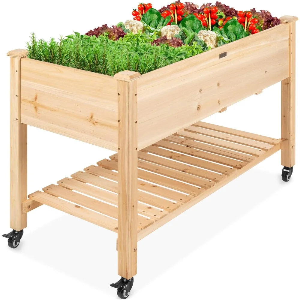 Mobile Elevated Raised Garden Bed with Lockable Wheels and Storage Shelf Natural