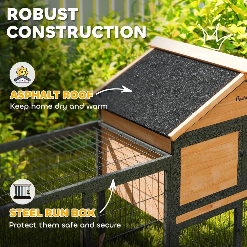 Rabbit Hutch Outdoor 85 Inch Large Wooden Bunny Cage with Steel Run Waterproof Roof Removable No Leakage Tray and Ramp