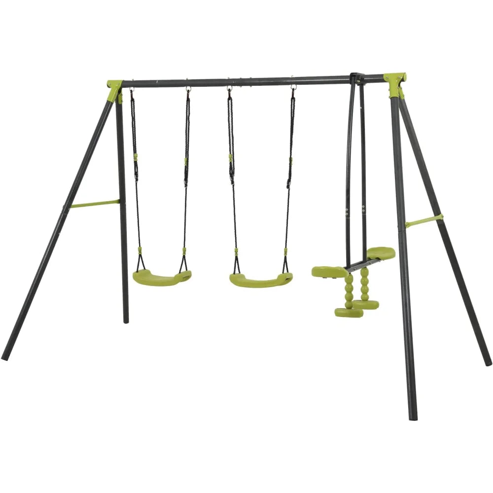 Triple Children Metal Safe Swing Set 440 Pounds Outdoor Playground Three Seat Swing Black and Green Ages 3 Plus