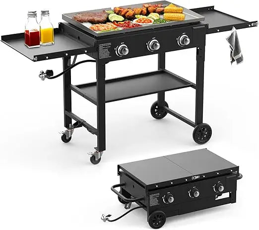 35 Inch 3 Burner Flat Top Grill 45000 BTU With Shelves