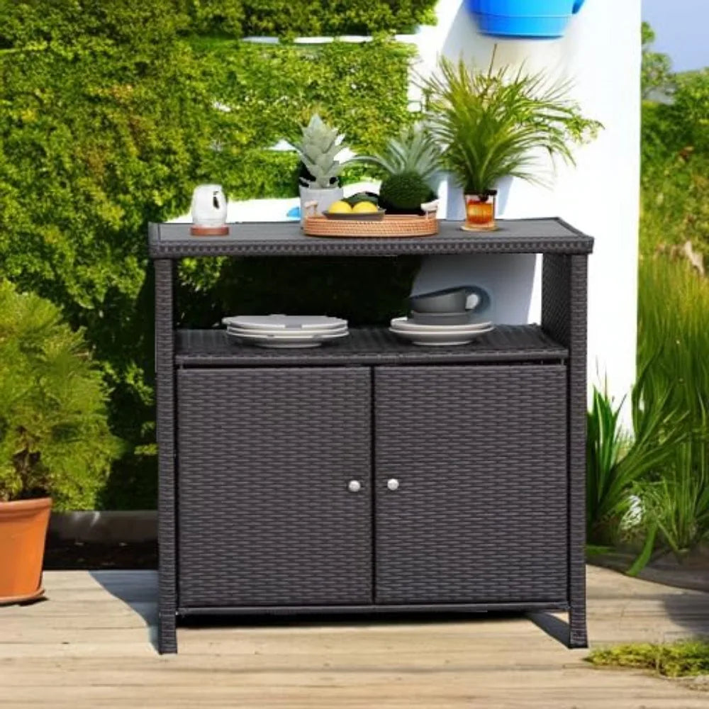 Outdoor Wicker Storage Cabinet Waterproof Patio Sideboard