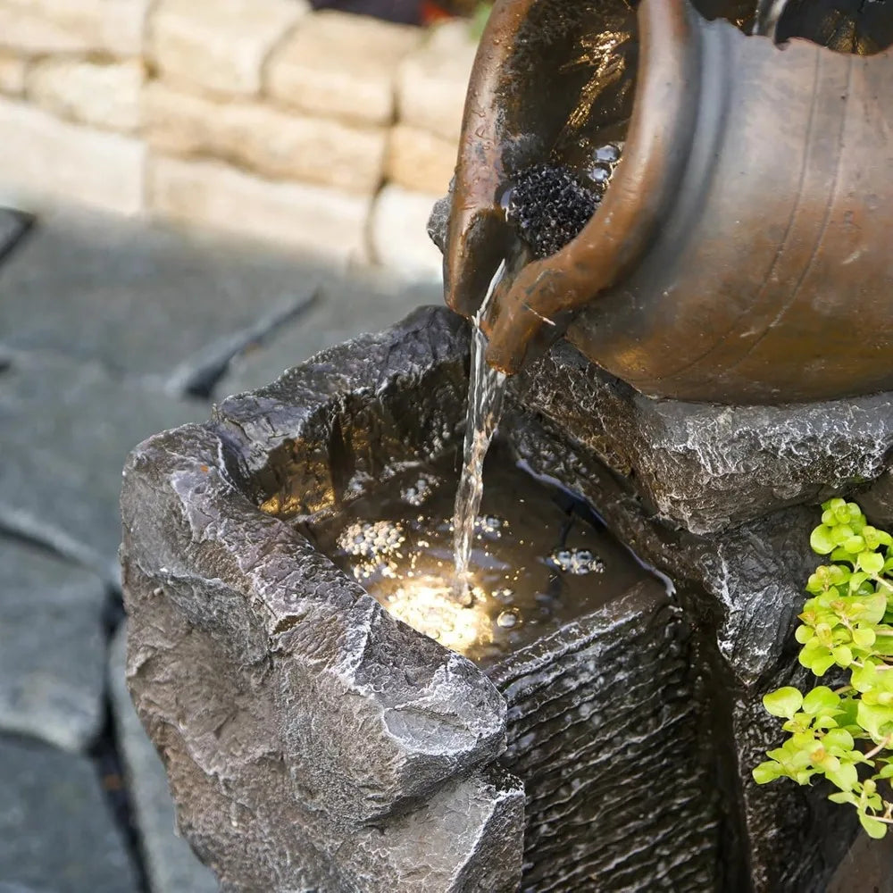 45 Inch Outdoor Water Fountain with Planter Pot and LED Lights for Garden