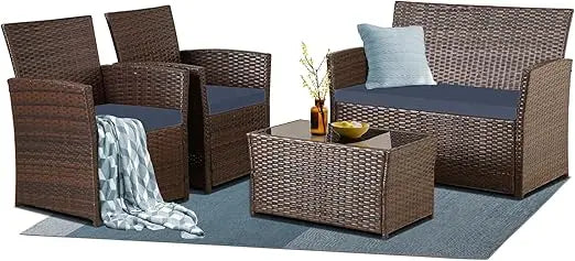 4 Piece Patio Wicker Sectional Sofa Set with Glass Coffee Table and Cushions