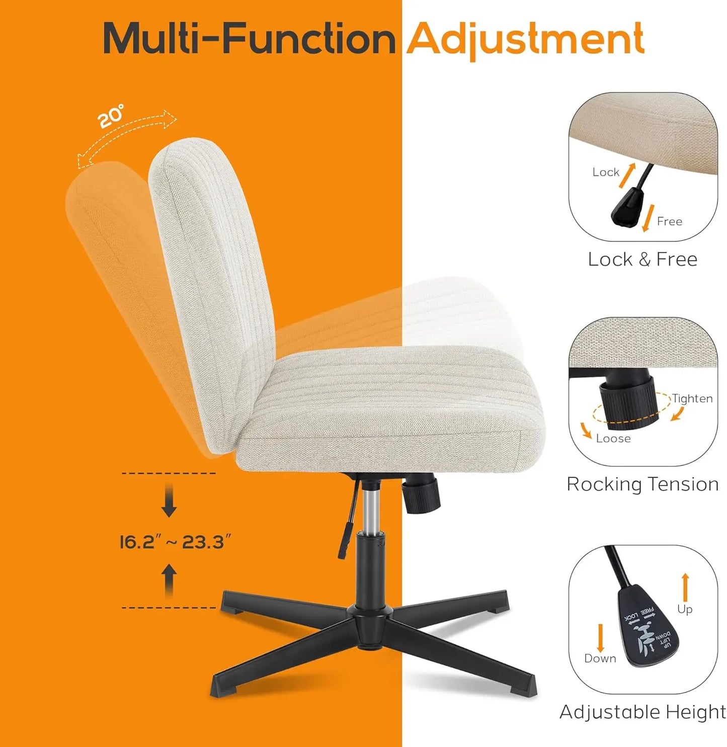 Criss Cross Armless Swivel Chair with Adjustable Height for Home and Office
