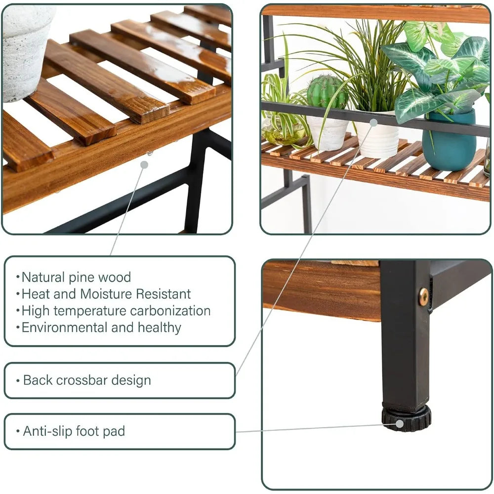 3 Tier Wood Plant Stand With Metal Frame Outdoor Indoor