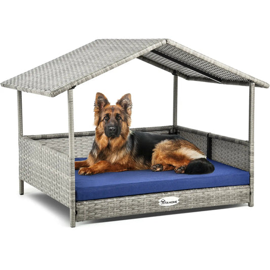 32.9 Inch Outdoor Rattan Doghouse with Canopy and Elevated Water Resistant Bed