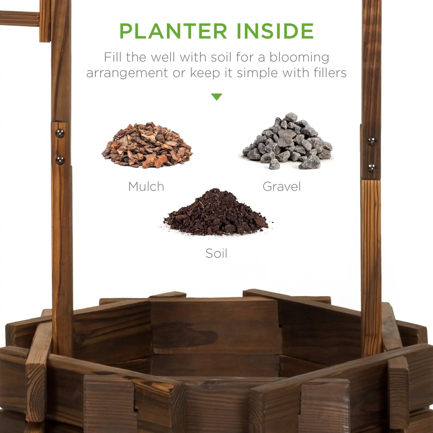 Rustic Wooden Wishing Well Planter with Hanging Bucket for Outdoor Decor