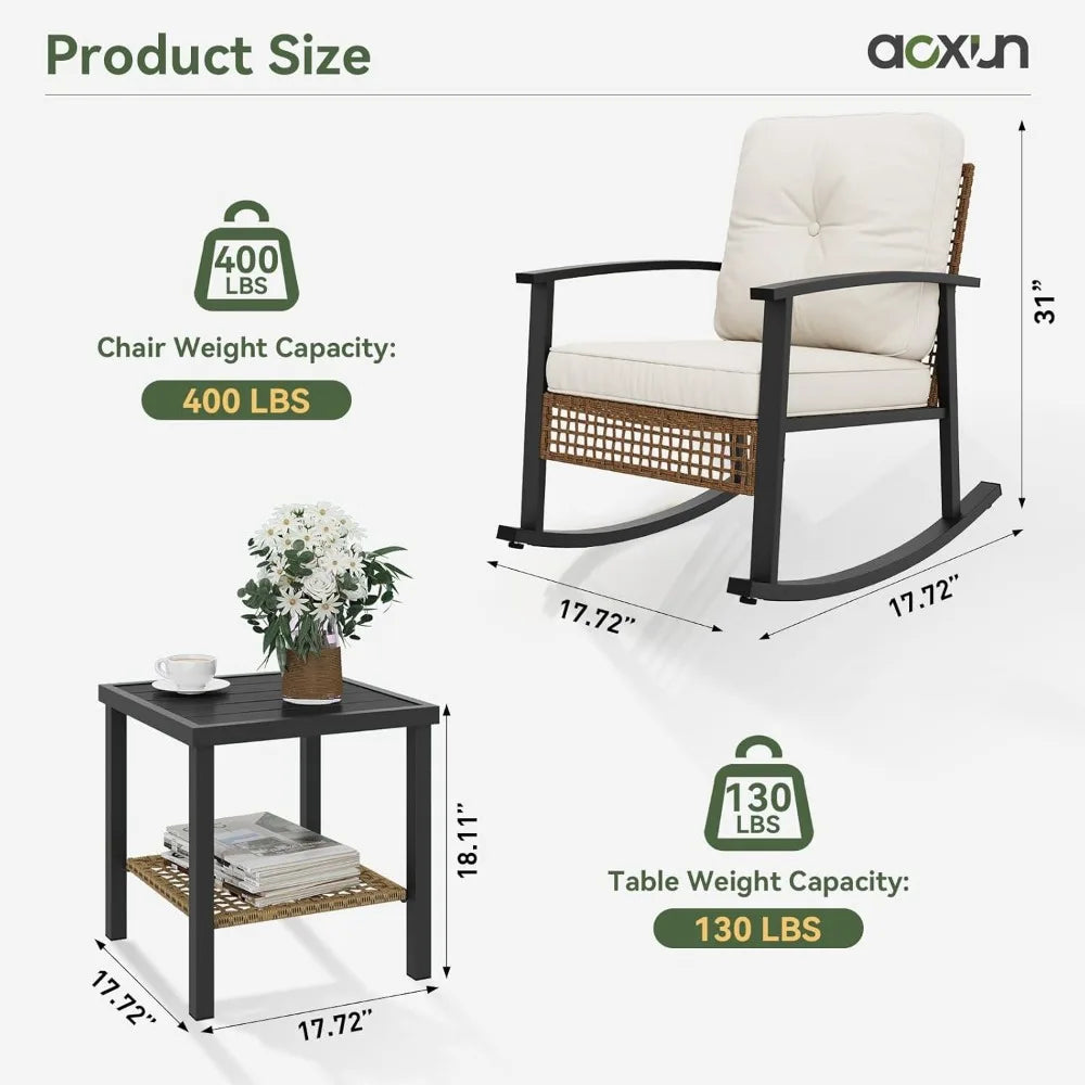 3 Piece Outdoor Rocking Bistro Set with Coffee Table and Thick Cushions