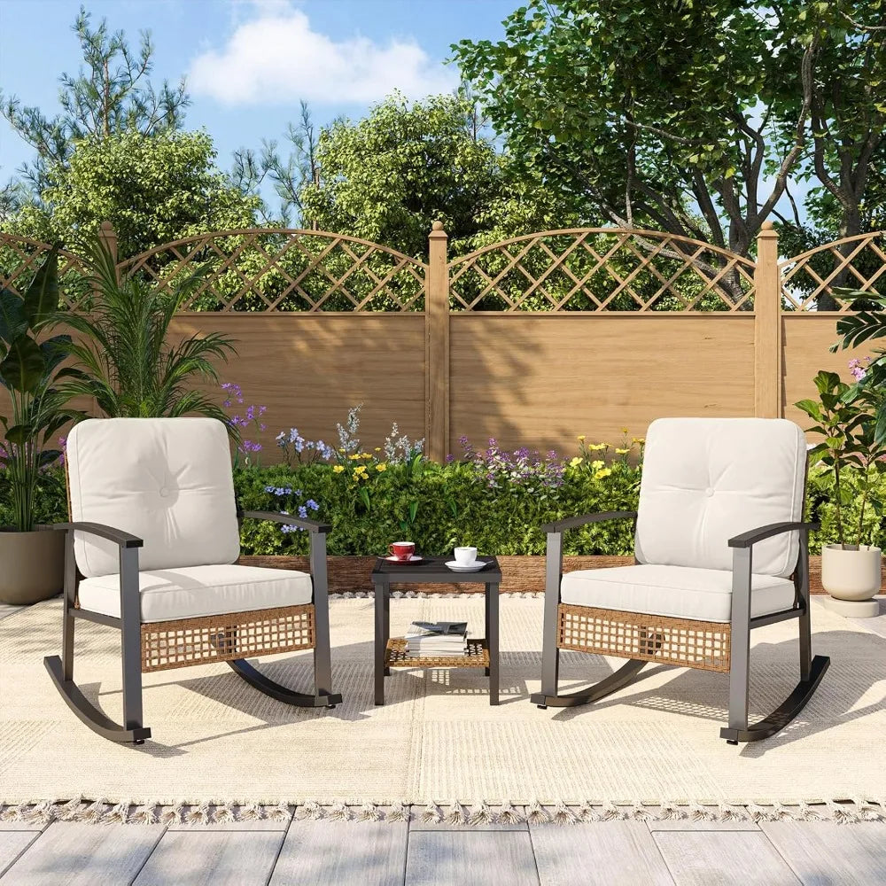 3 Piece Outdoor Rocking Bistro Set with Coffee Table and Thick Cushions