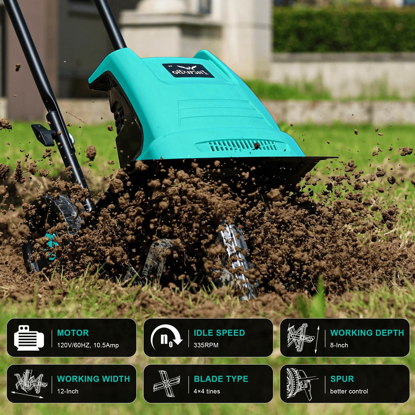 Electric Rototiller Garden Tiller 12 Inch Tilling Width 8-Inch Electric Tiller 10.5 Amp Tiller