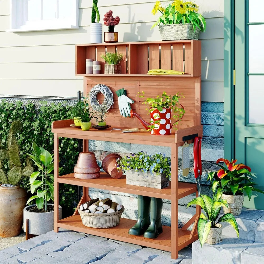 Large Wooden Farmhouse Rustic Outdoor Potting Bench Table with Storage Shelves