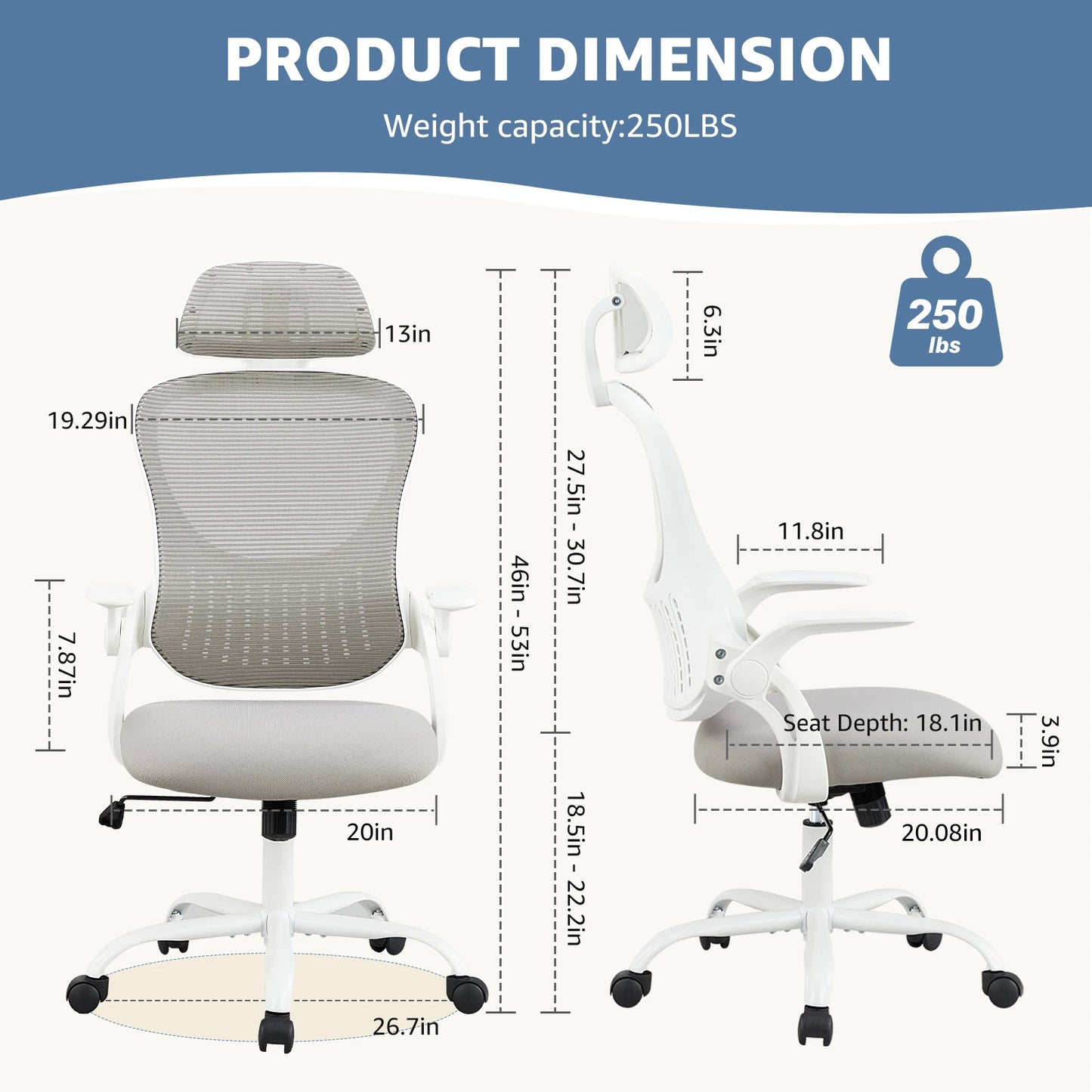 JHK Mesh Ergonomic Desk Chair Flip-up Arms Adjustable Headrests Comfortable Lumbar Support