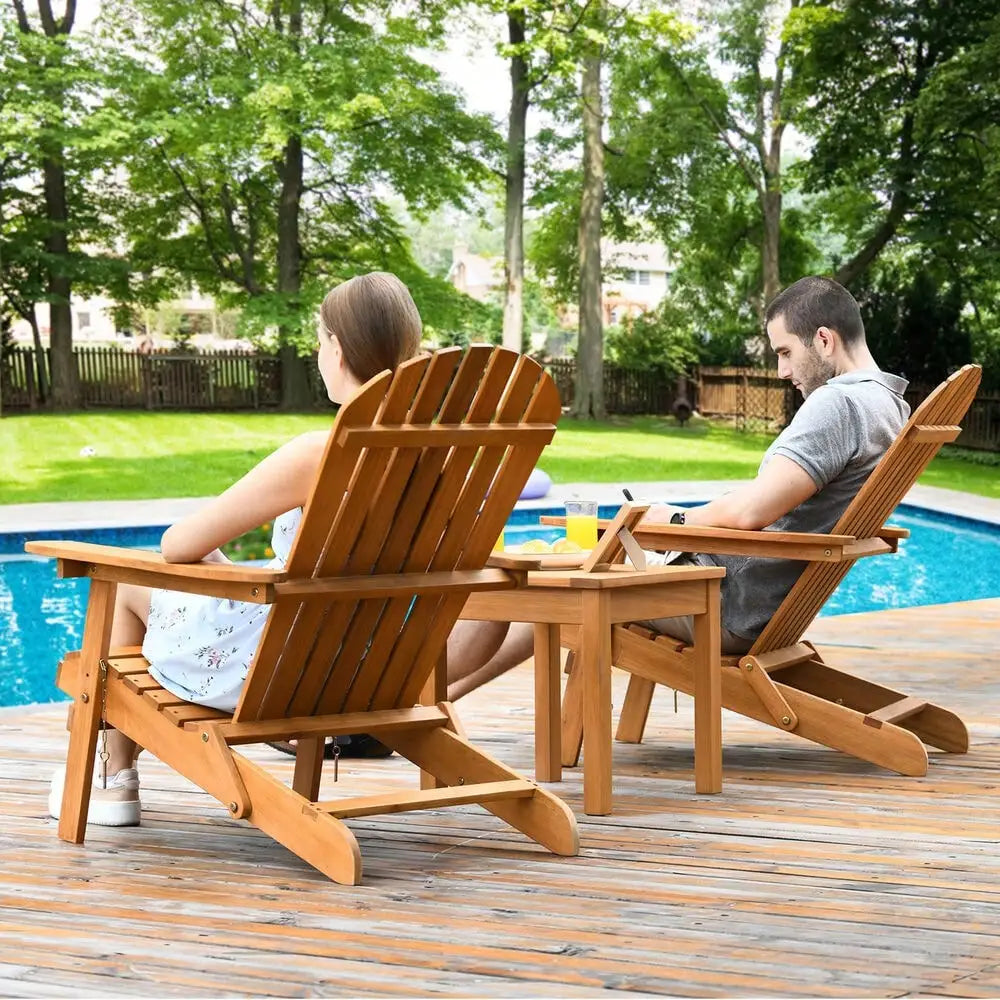 3 Pieces Eucalyptus Adirondack Chair Set with Side Table Outdoor Patio Natural