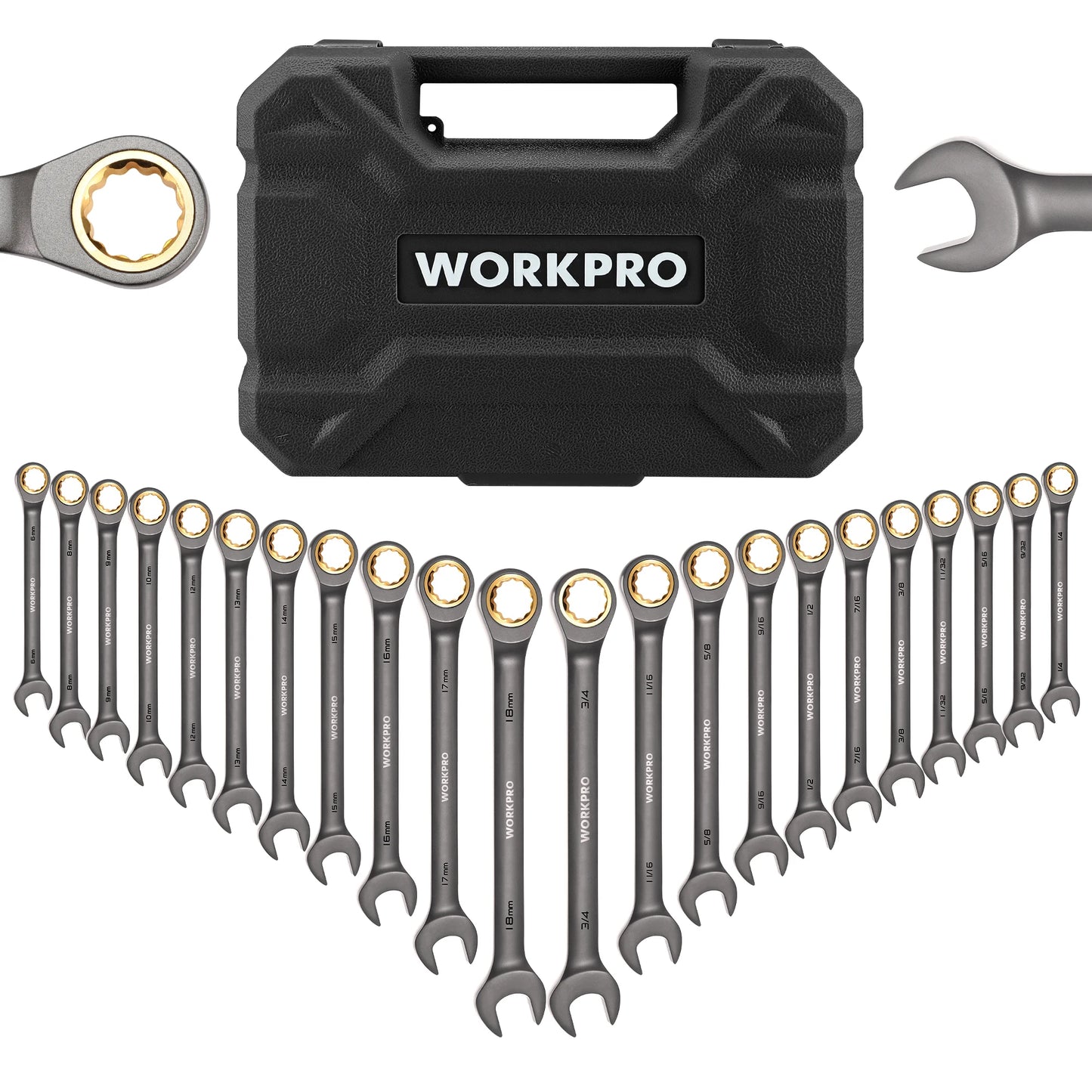 WORKPRO 22 Piece Ratcheting Wrench Set With Flex Head 72 Tooth Precision Gear For Automotive Repair Organizer Box