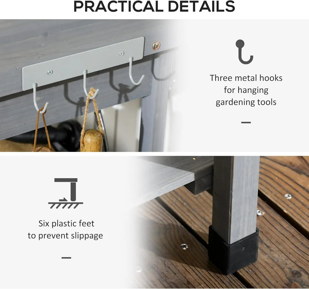 Outdoor Wooden Potting Bench Table with Removable Sink and Workstation Features