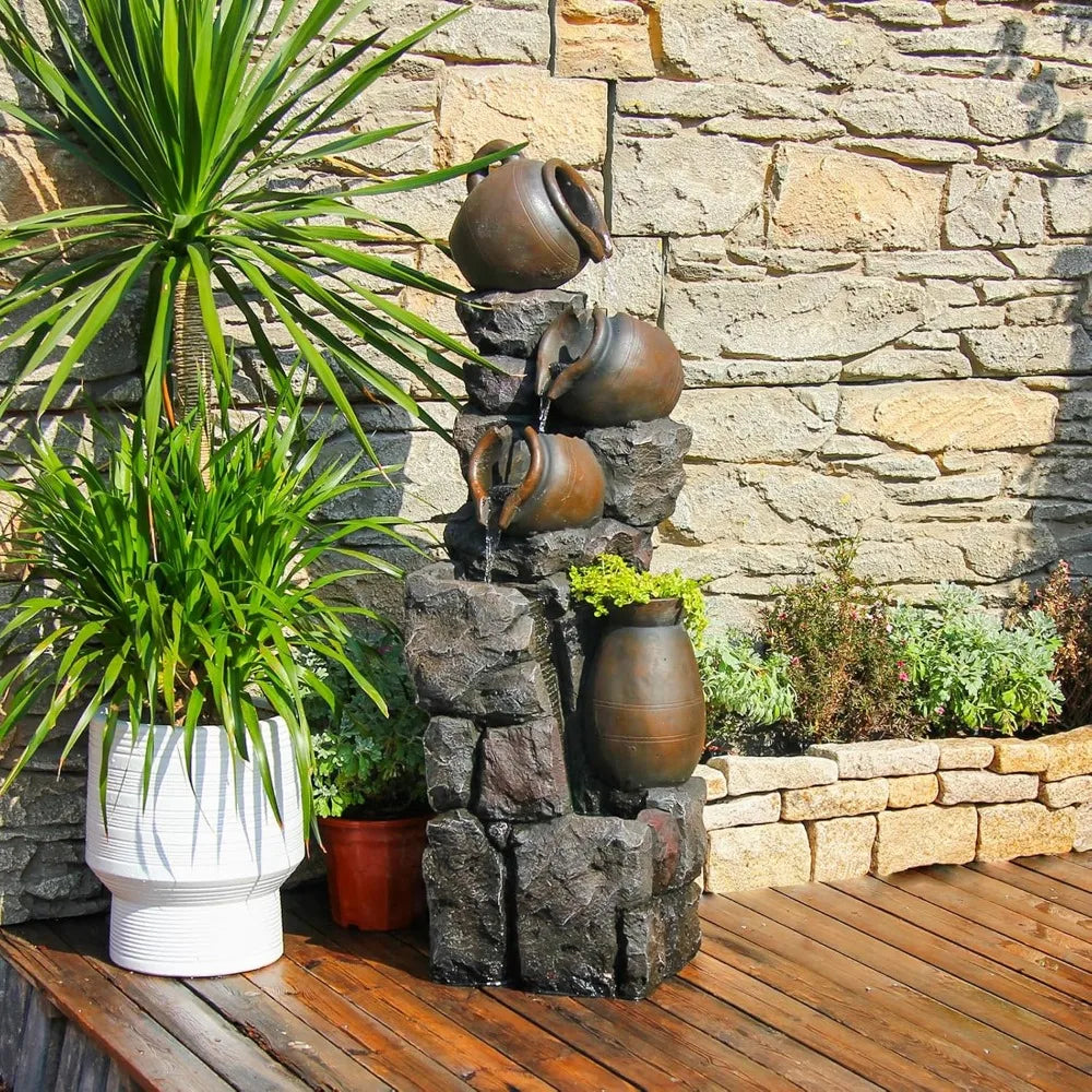 45 Inch Outdoor Water Fountain with Planter Pot and LED Lights for Garden