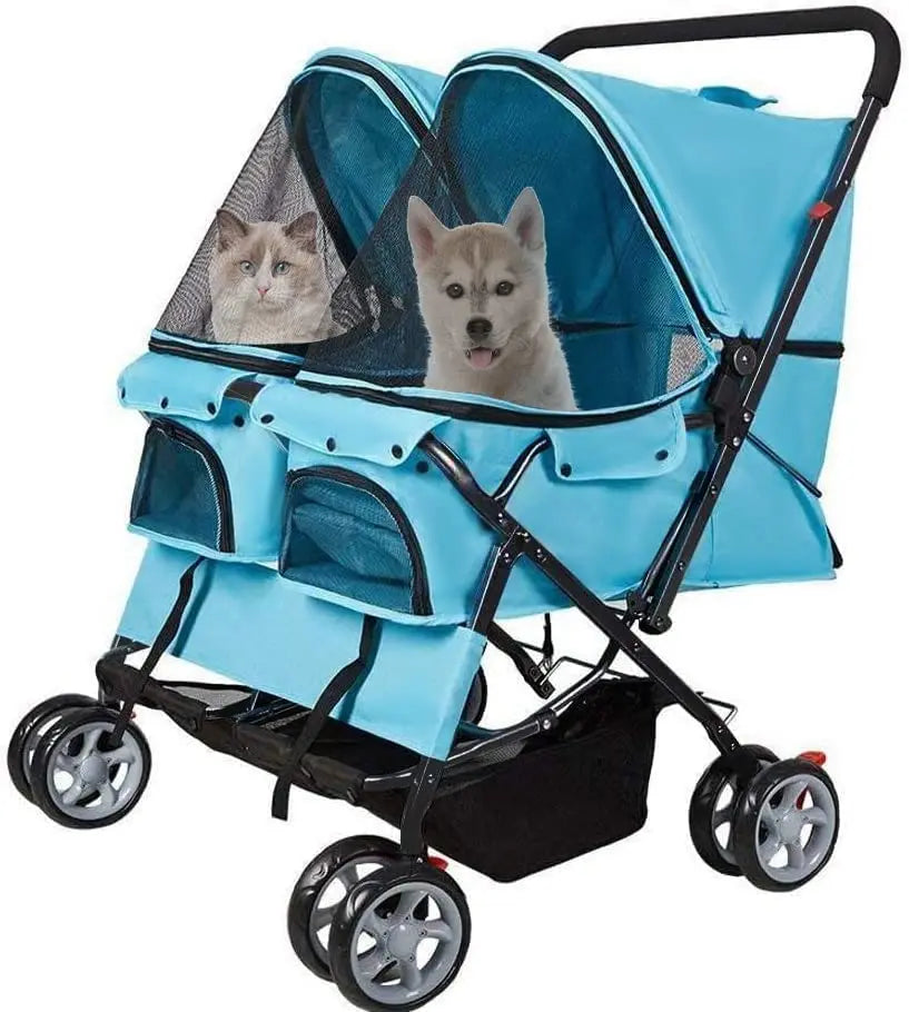 Foldable Double Pet Stroller for Two Dogs Cats with Four Wheels and Storage