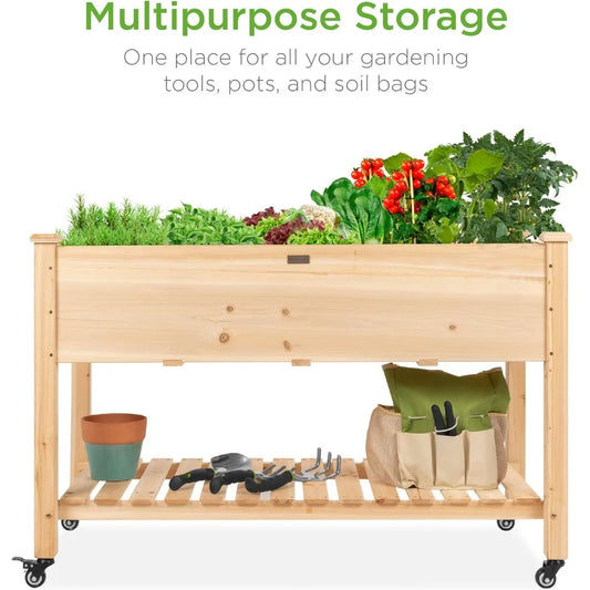 Mobile Elevated Raised Garden Bed with Lockable Wheels and Storage Shelf Natural