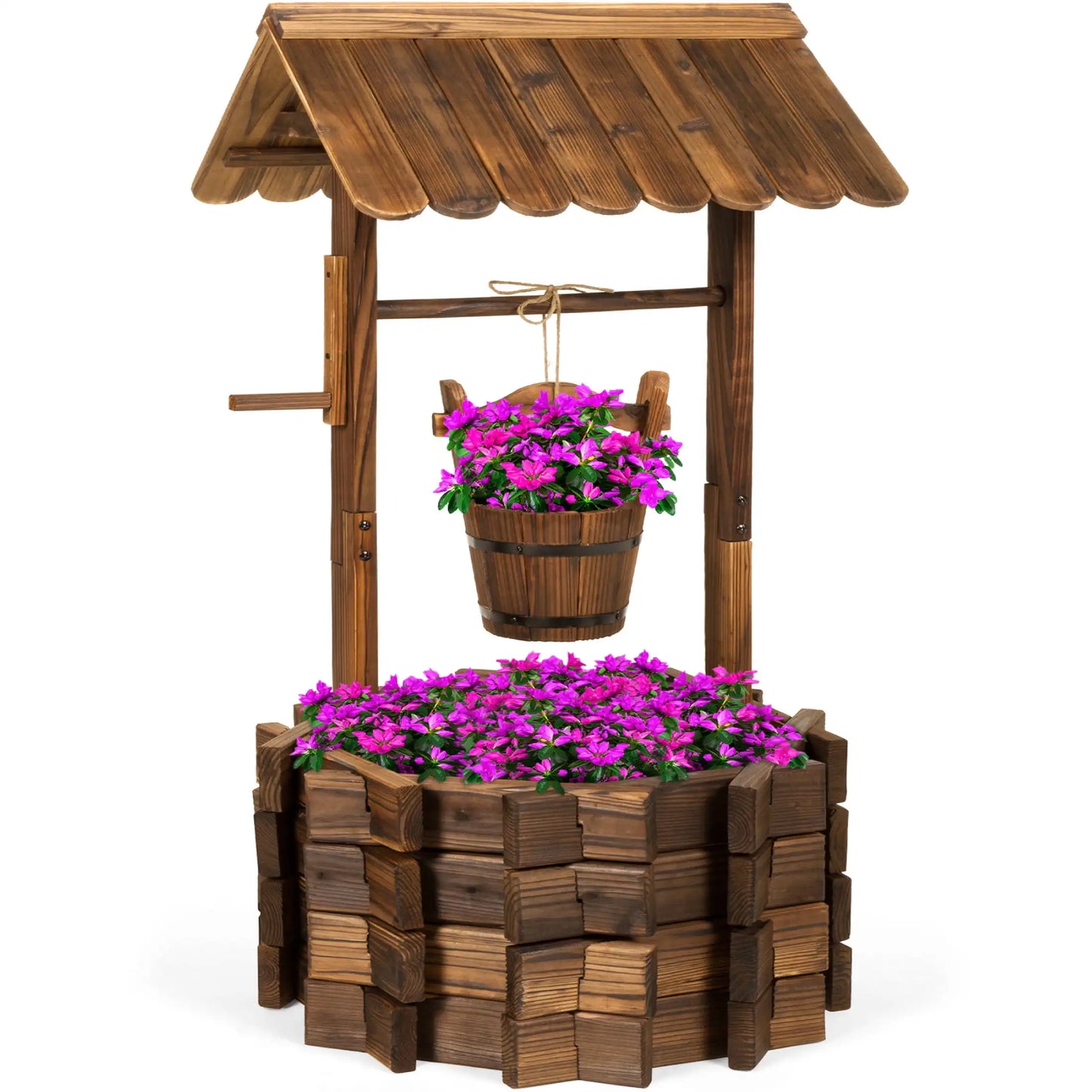 Rustic Wooden Wishing Well Planter with Hanging Bucket for Outdoor Decor