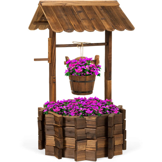 Rustic Wooden Wishing Well Planter with Hanging Bucket for Outdoor Decor