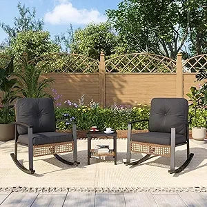 3 Piece Outdoor Rocking Bistro Set with Coffee Table and Thick Cushions