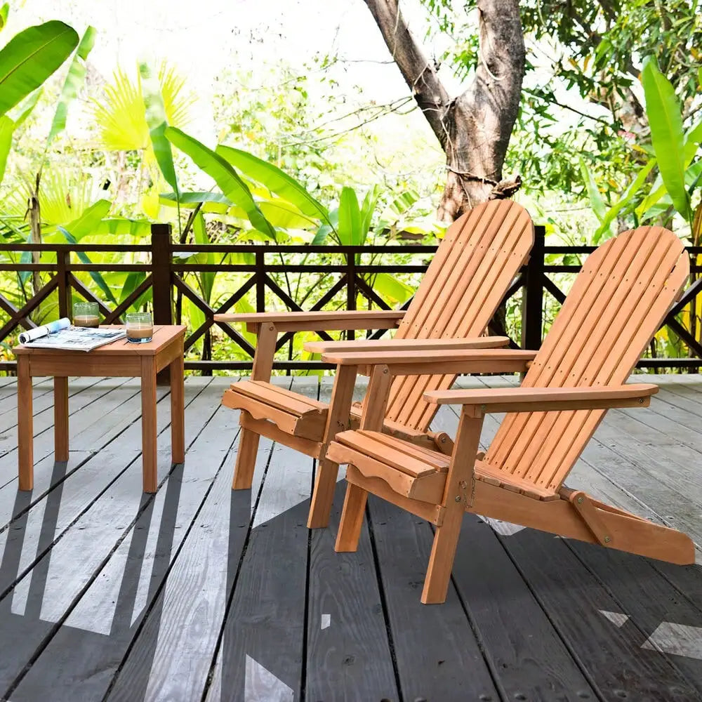3 Pieces Eucalyptus Adirondack Chair Set with Side Table Outdoor Patio Natural