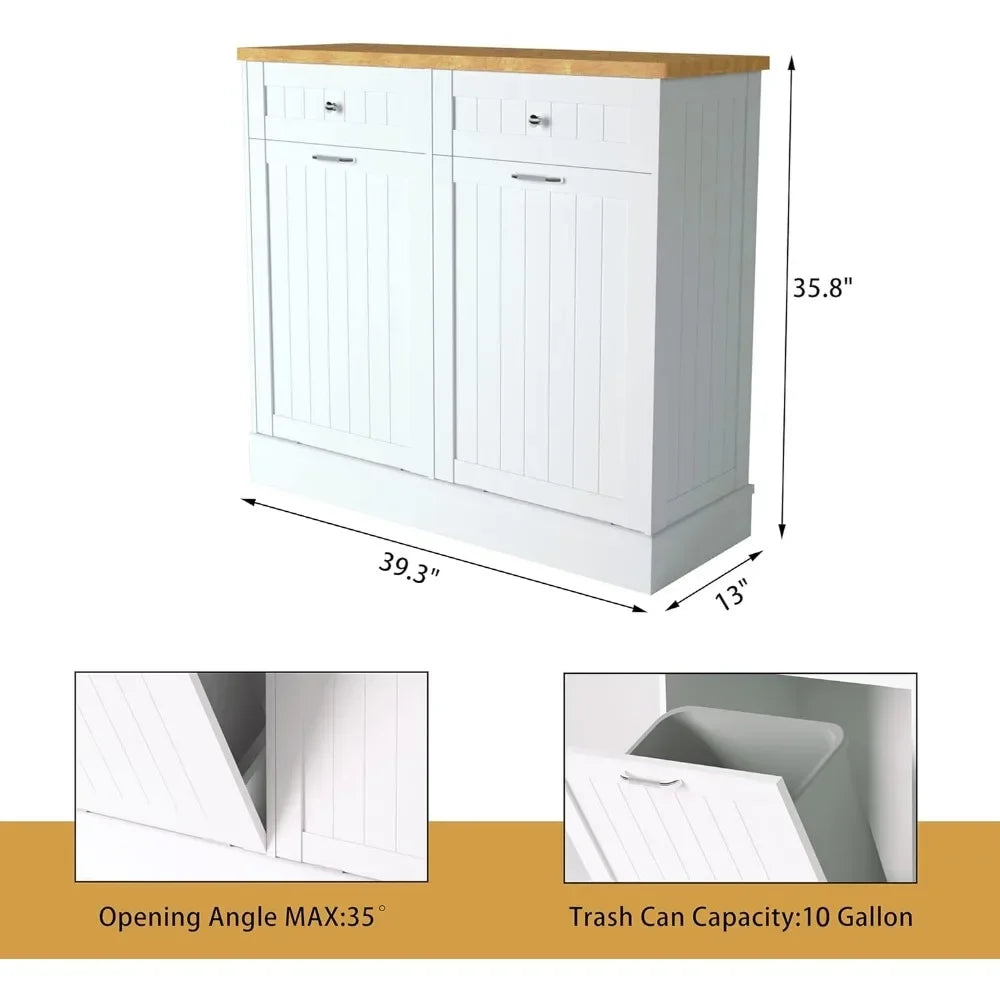 Tilt Out Trash Cabinet 10 Gallon Wooden Laundry Sorter with Hideaway Drawer