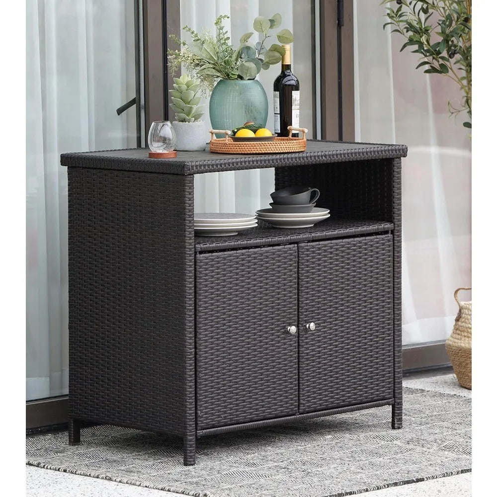 Outdoor Wicker Storage Cabinet Waterproof Patio Sideboard