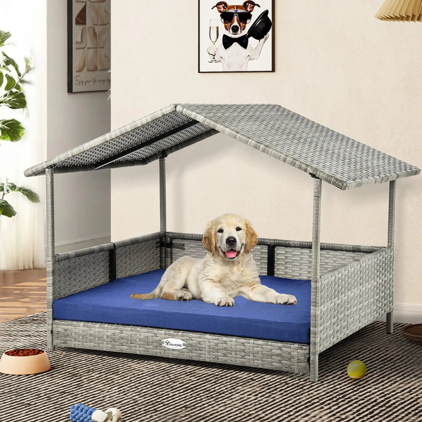 32.9 Inch Outdoor Rattan Doghouse with Canopy and Elevated Water Resistant Bed
