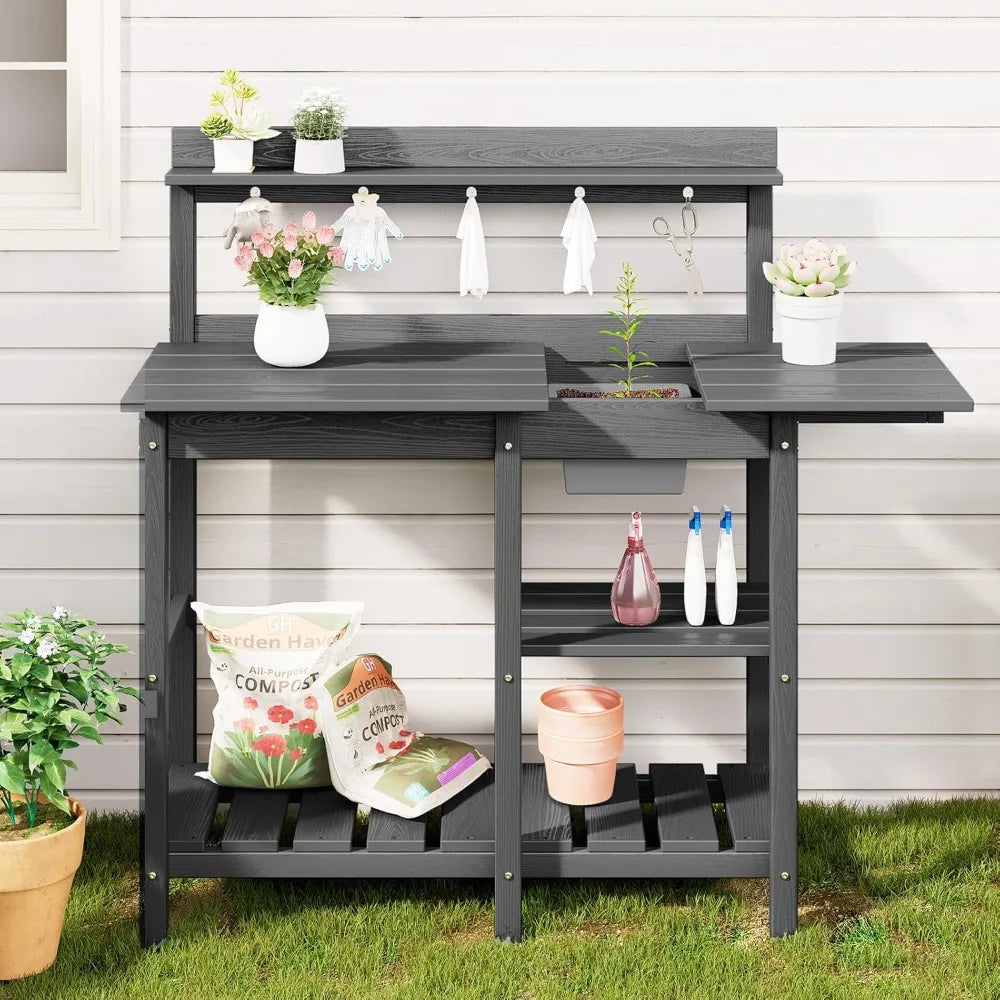 Gray HDPE Outdoor Potting Bench with Sink for All Weather Gardening Use