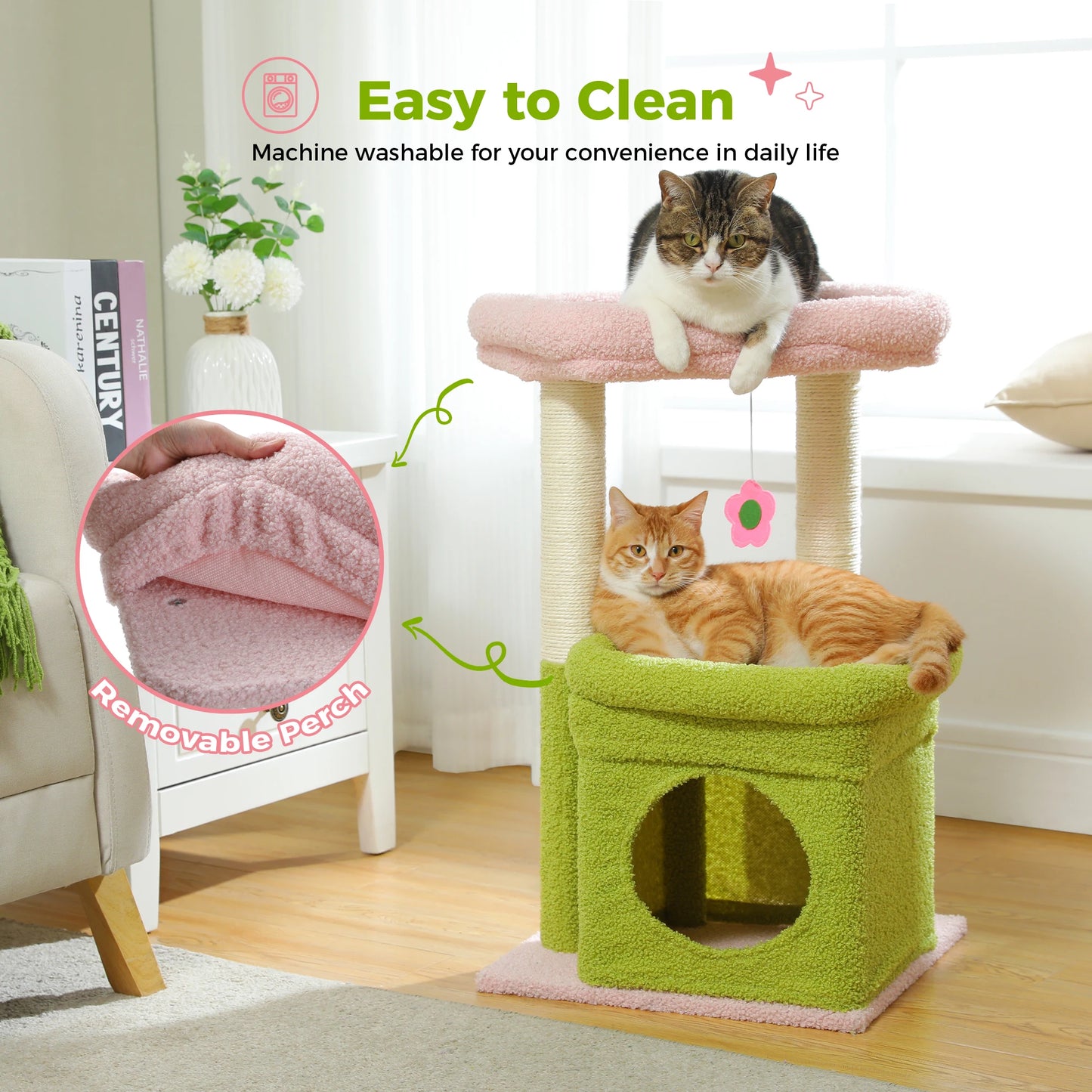 H228cm Cat Tree Toy Condo Cat Climbing Tower Solid Wood