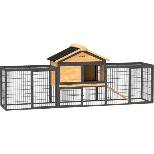 Rabbit Hutch Outdoor 85 Inch Large Wooden Bunny Cage with Steel Run Waterproof Roof Removable No Leakage Tray and Ramp