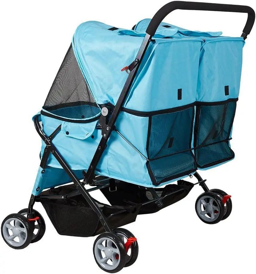 Foldable Double Pet Stroller for Two Dogs Cats with Four Wheels and Storage