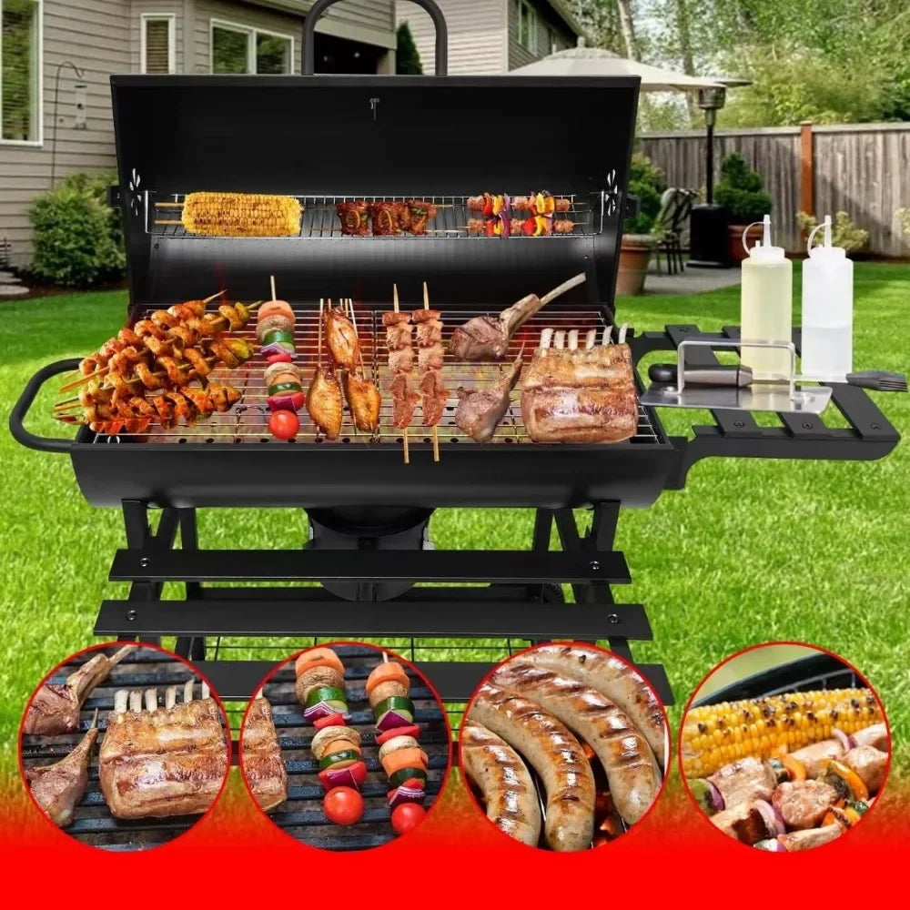 Charcoal BBQ Grill with 2 Foldable Side Tables and Pull-out Ash Tray