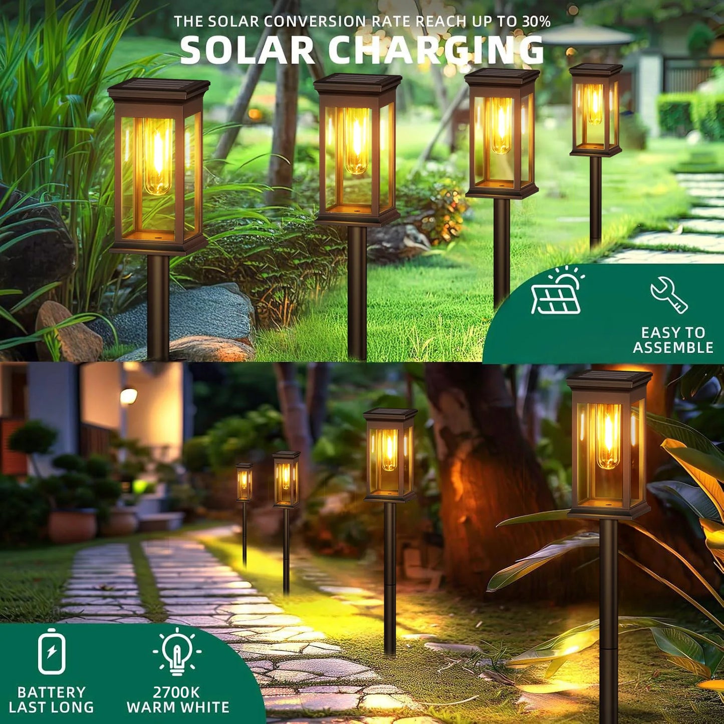 KPSTEK Solar Lights for Yard and Garden Walkway 2700K Upgraded Outdoor LED Path Lights